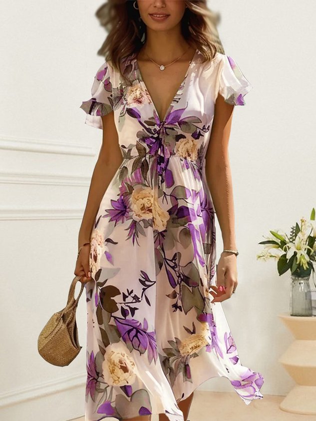 Ruffled Sleeves Elegant Floral Regular Fit Dress