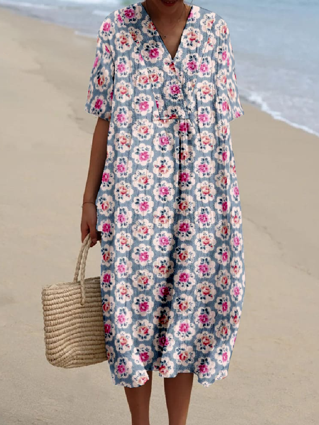 Boho Cotton-Blend Small Floral V Neck Dress With No