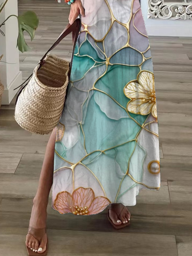 Women's Floral Print Casual V-Neck Short Sleeve Dress