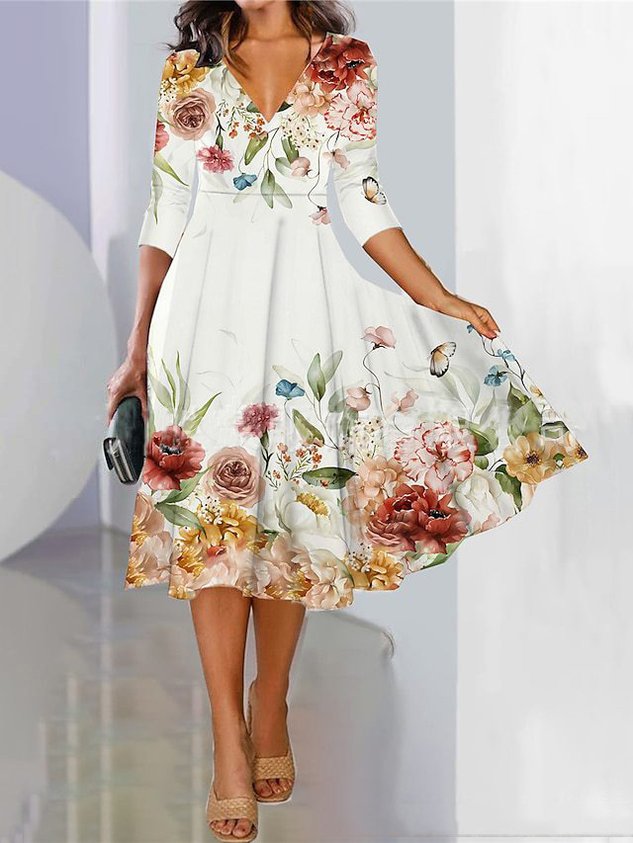 V Neck Floral Loose Casual Dress