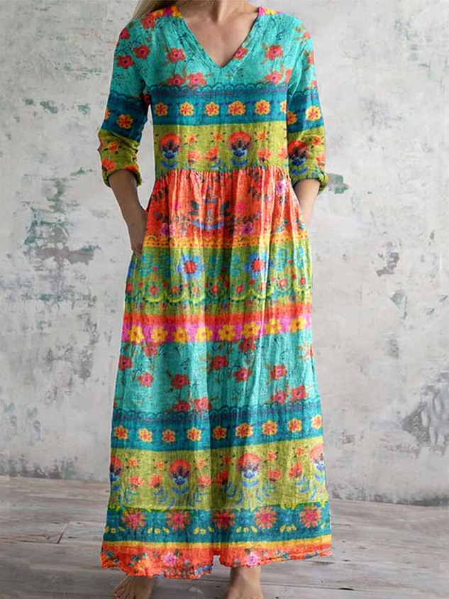 Women's Vintage Lovely Floral Art Print Pocket Cotton Dress