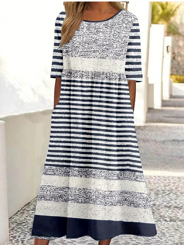 Striped Casual Crew Neck Dress With No
