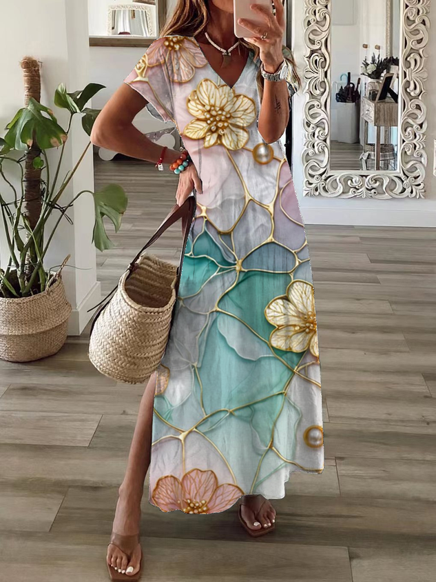Women's Floral Print Casual V-Neck Short Sleeve Dress