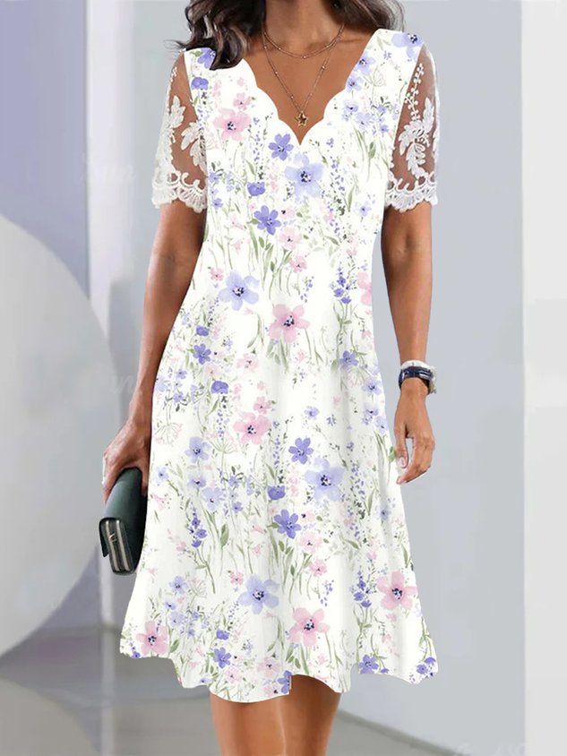 Floral Knitted V Neck Vacation Dress