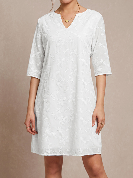 Plain Linen Cotton And Linen V Neck Dress