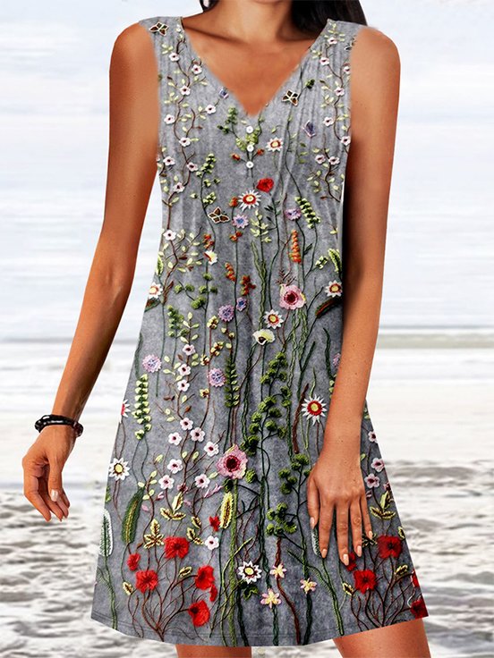 Notched Casual Floral Printed Buckle Dress