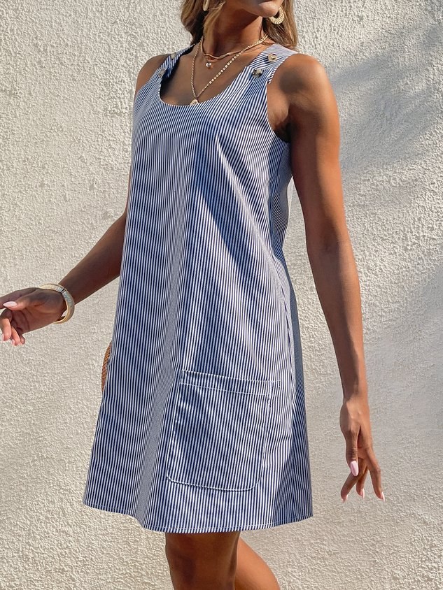 Women Daily Boho Round Neck Pockets Striped Dress