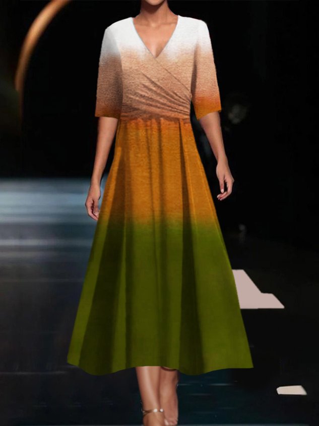 Ombre Print Middle Sleeves V-Neck Dress