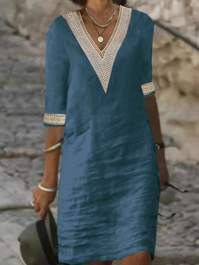 Cotton Crochet Lace V Neckline Design Plain High Waist Half Sleeve Casual Short Dress