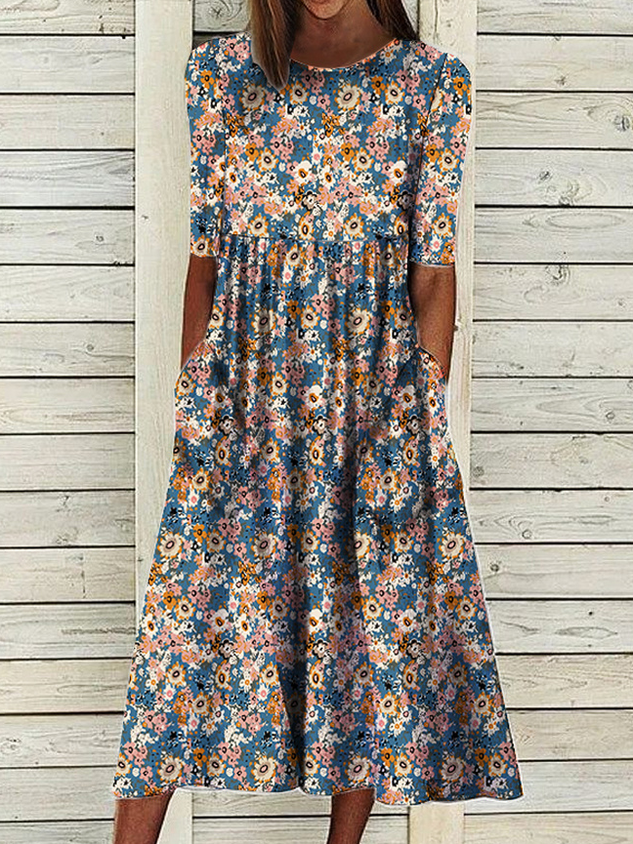 Loosen Casual Floral Short Sleeve Woven Dress
