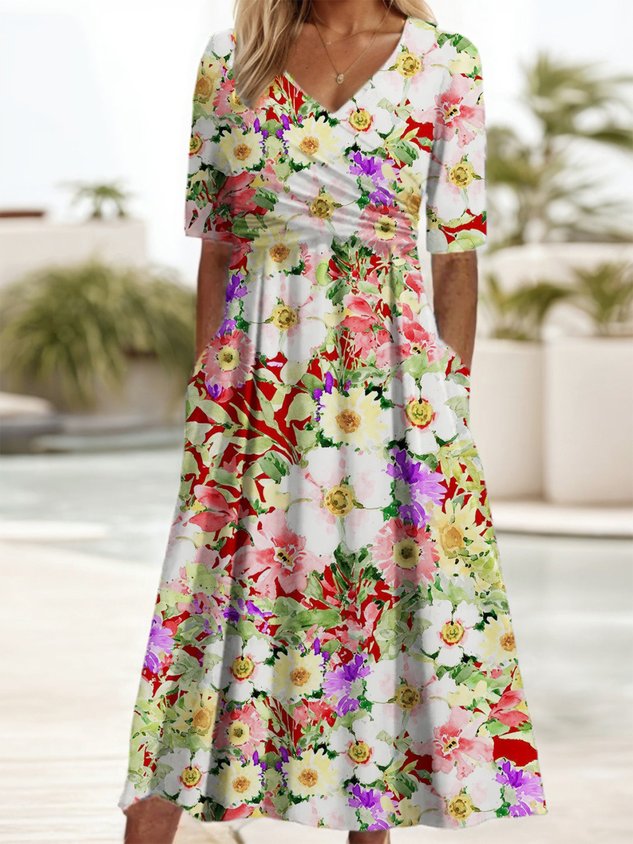 Floral Print Middle Sleeves V-Neck Dress