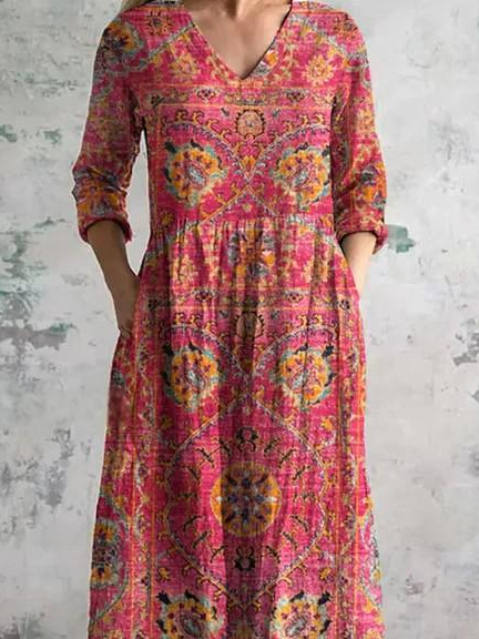 Women's Vintage Floral Art Print Pocket Cotton Dress