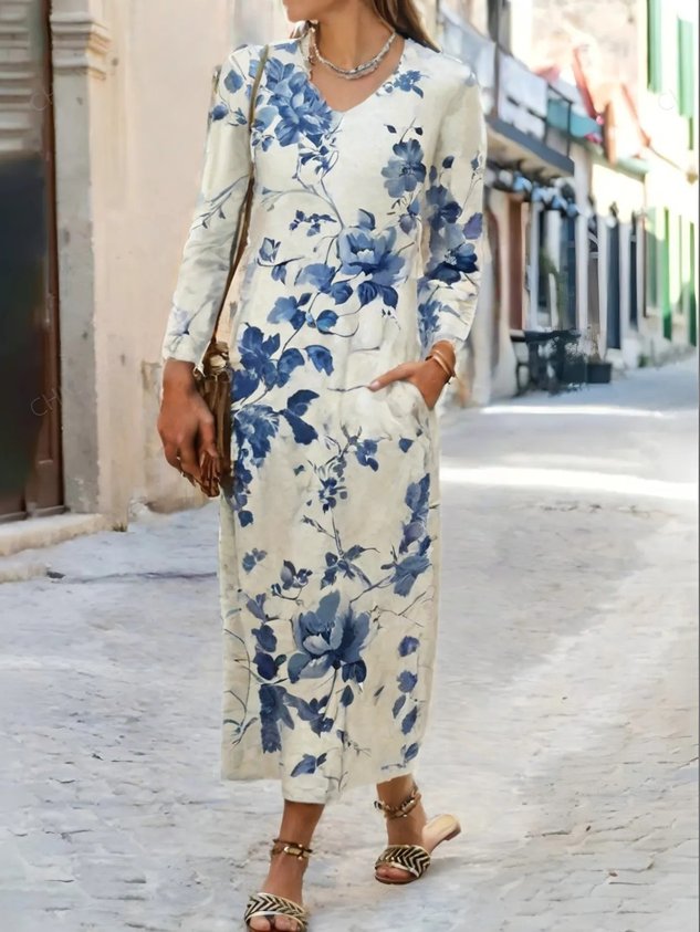 Women's Vintage Lovely Floral Art Print Pocket Cotton Dress