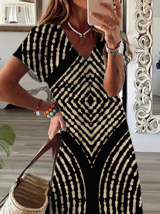 Women's Geometric Spring Print Casual V-Neck Short Sleeve Slit Dress