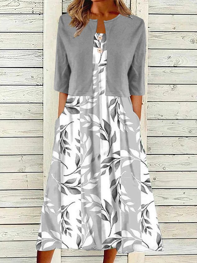Elegant Two-Piece Set Floral Printed Tank Dress With Open Front Short Coat