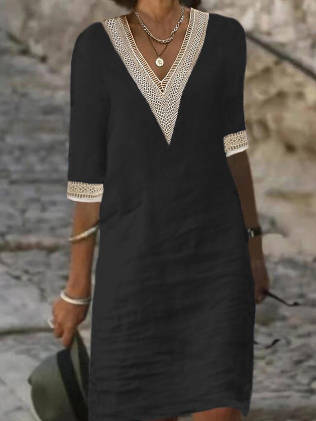 Cotton Crochet Lace V Neckline Design Plain High Waist Half Sleeve Casual Short Dress