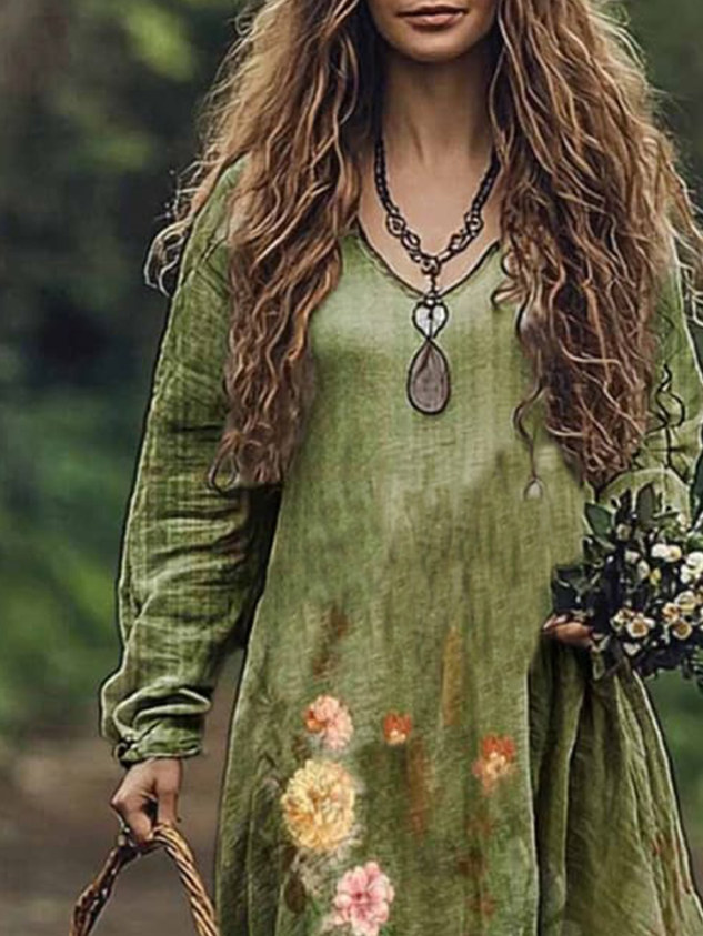 Floral Print Long Sleeve V-neck Dress