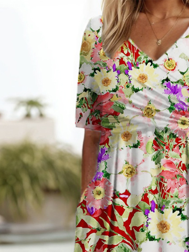 Floral Print Middle Sleeves V-Neck Dress
