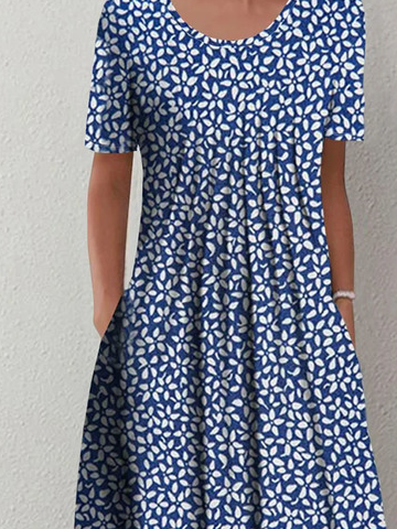 Casual Floral Pattern Crew Neck Loose Short Sleeve A-Line Dress