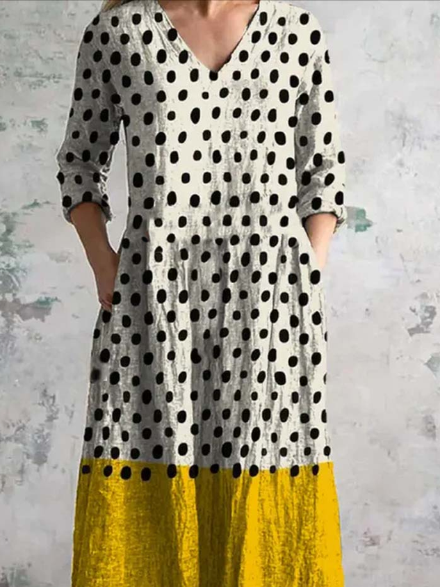 Retro Art Print Chic V-Neck  Elegant Midi Dress