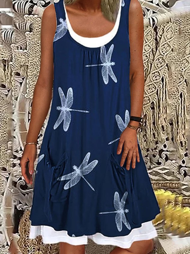 Women Summer Casual Cotton Printed Sleeveless Linen Dress(Contains lining)