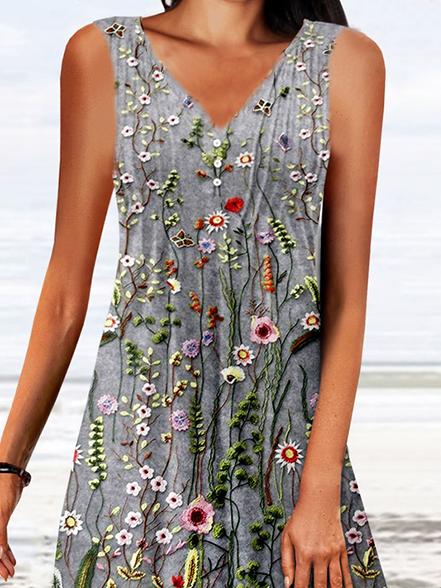 Notched Casual Floral Printed Buckle Dress
