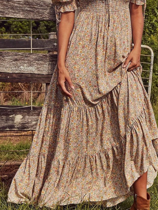 Flower Short Sleeve Square Neck Swing Casual Boho Weaving Dress for Women