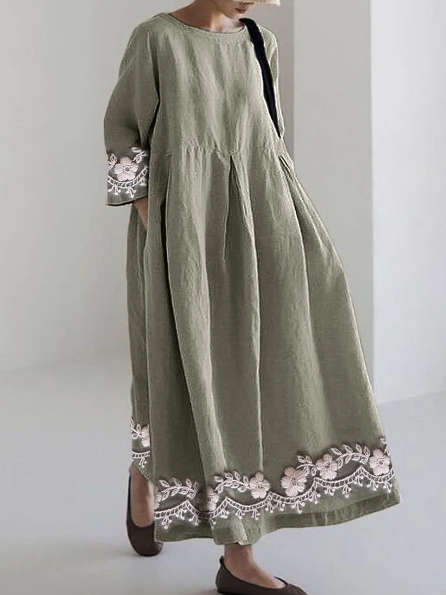 Classy Floral Embroidered Hem Linen Blend Maxi Dress
