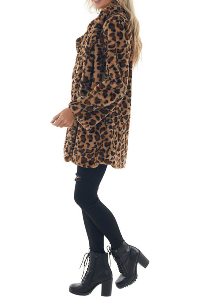 Leopard Fluffy Coat With Pockets