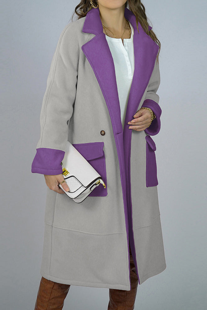 Lapel Collar Contrast Color Pockets Long Length Woolen Winter Outfits Coat