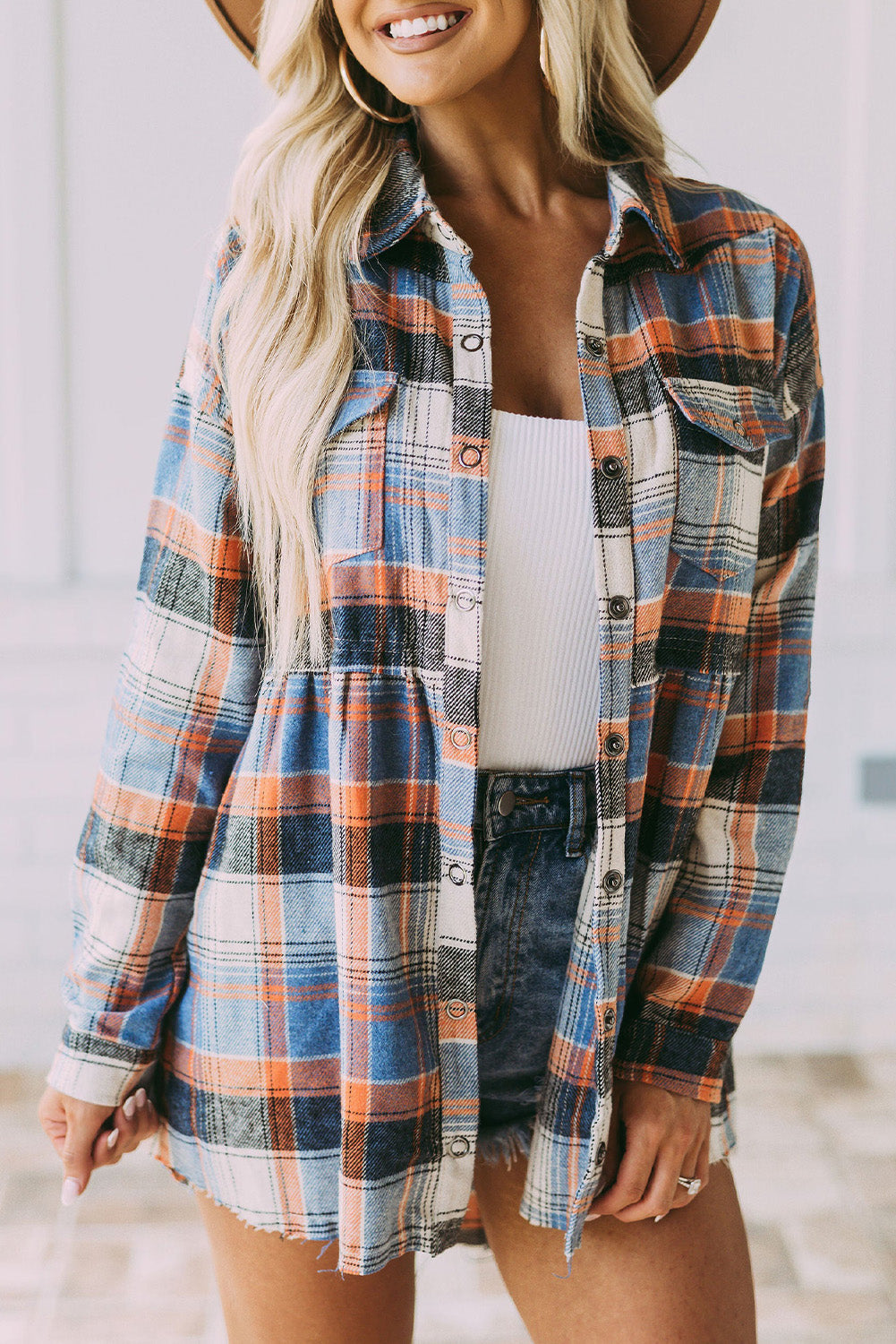 Multicolor Plaid Button Down Ruffled Shirt Winter Outfits Jacket