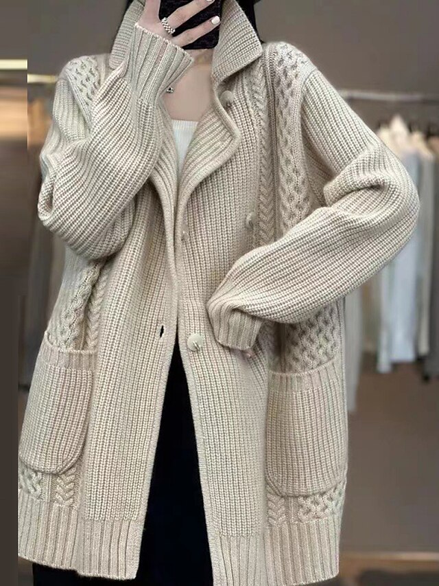 Women's Cardigan Sweater Jumper Ribbed Cable Knit Long Lace up Patchwork Solid Color Shirt Collar Stylish Casual Daily Going out Fall Winter Camel S M L