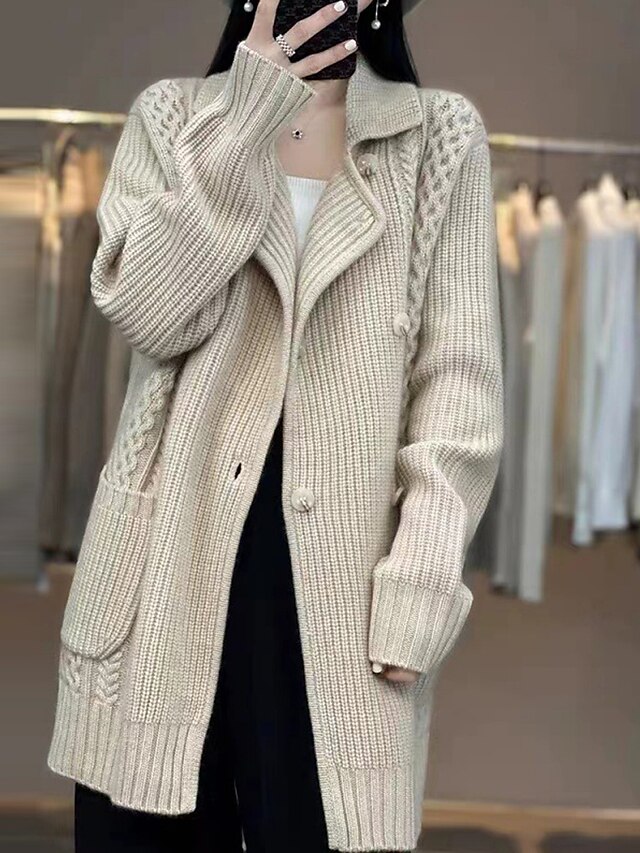 Women's Cardigan Sweater Jumper Ribbed Cable Knit Long Lace up Patchwork Solid Color Shirt Collar Stylish Casual Daily Going out Fall Winter Camel S M L
