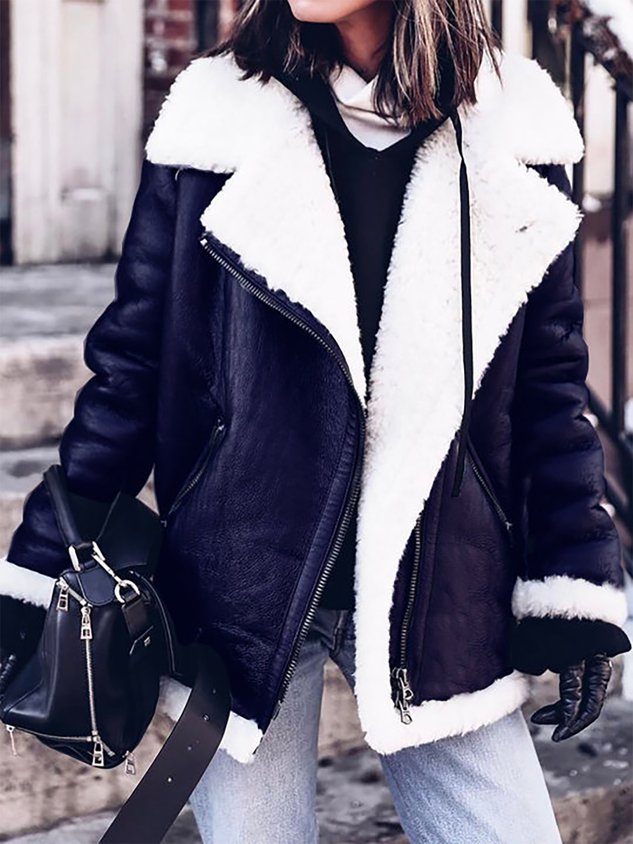 Furry Buckle Lapel Collar Faux Fur Jacket Warm Coat Jacket