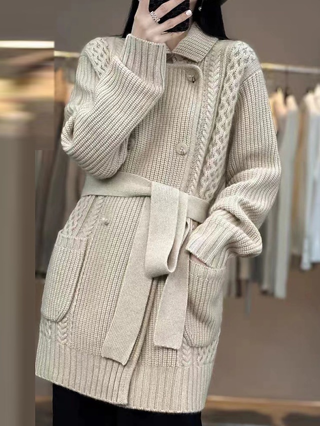 Women's Cardigan Sweater Jumper Ribbed Cable Knit Long Lace up Patchwork Solid Color Shirt Collar Stylish Casual Daily Going out Fall Winter Camel S M L