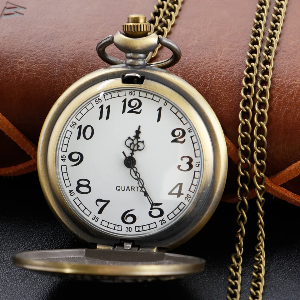 Carved Steampunk Quartz Pocket Watch Bronze Vintage Chain Pendant