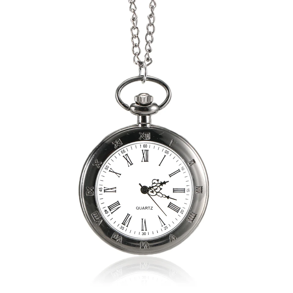 Quartz Pocket Watch Roman Numerals Dial Carved Case with Chain