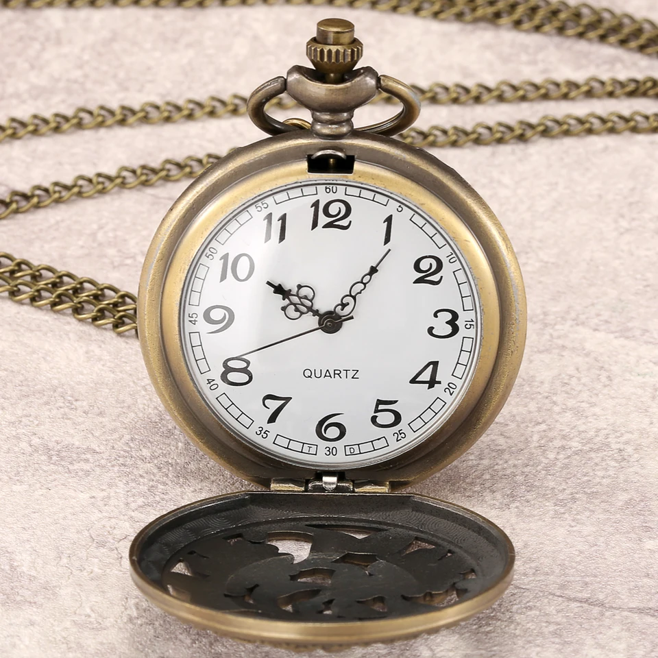 Vintage Hollow Flowers Bronze Necklace Pocket Quartz Chain Watch