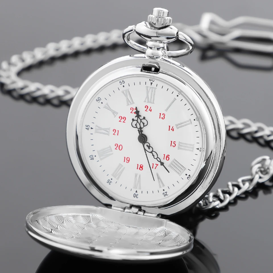 Silver Smooth Steel Polish Business Quartz Pocket Watch Roman Numerals