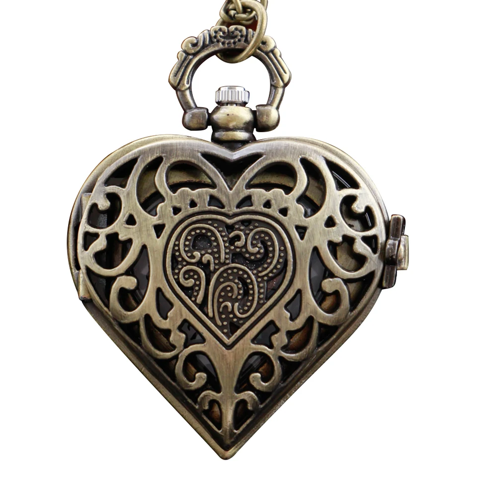 Bronze Heart Design Mini Quartz Pocket Watch Fashion Necklace Pendant
