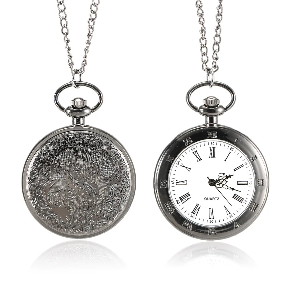 Quartz Pocket Watch Roman Numerals Dial Carved Case with Chain