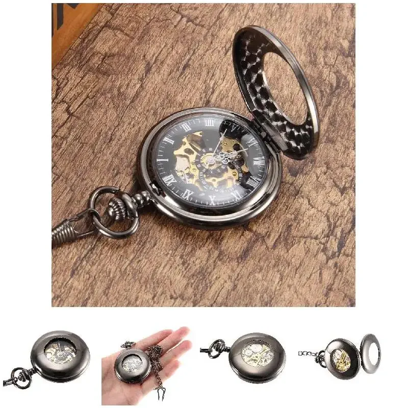 Vintage Pocket Watch Cool Chain Hollow Mechanical Dial Black Watches
