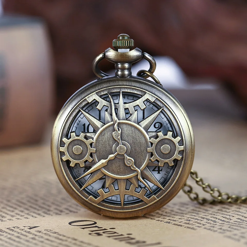 Bronze Hollow Gear Movement Quartz Pocket Watch Pendant