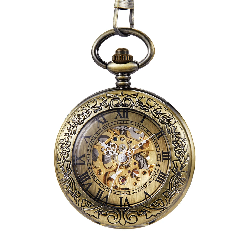 Vintage Bronze Roman Numerals Mechanical Pocket Watch Steampunk