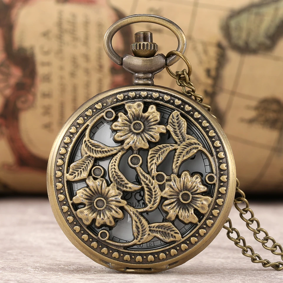 Vintage Hollow Flowers Bronze Necklace Pocket Quartz Chain Watch