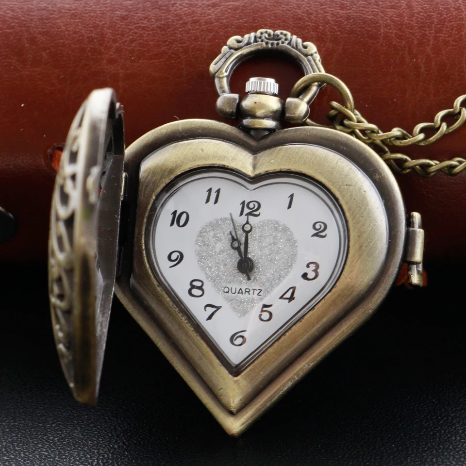Bronze Heart Design Mini Quartz Pocket Watch Fashion Necklace Pendant
