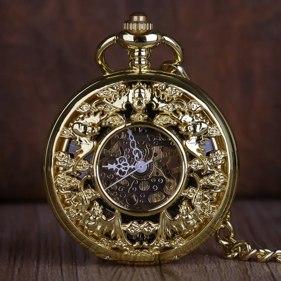 Gold Fashion Vintage Mechanical Pocket Watch Personalised Hollow Skeleton