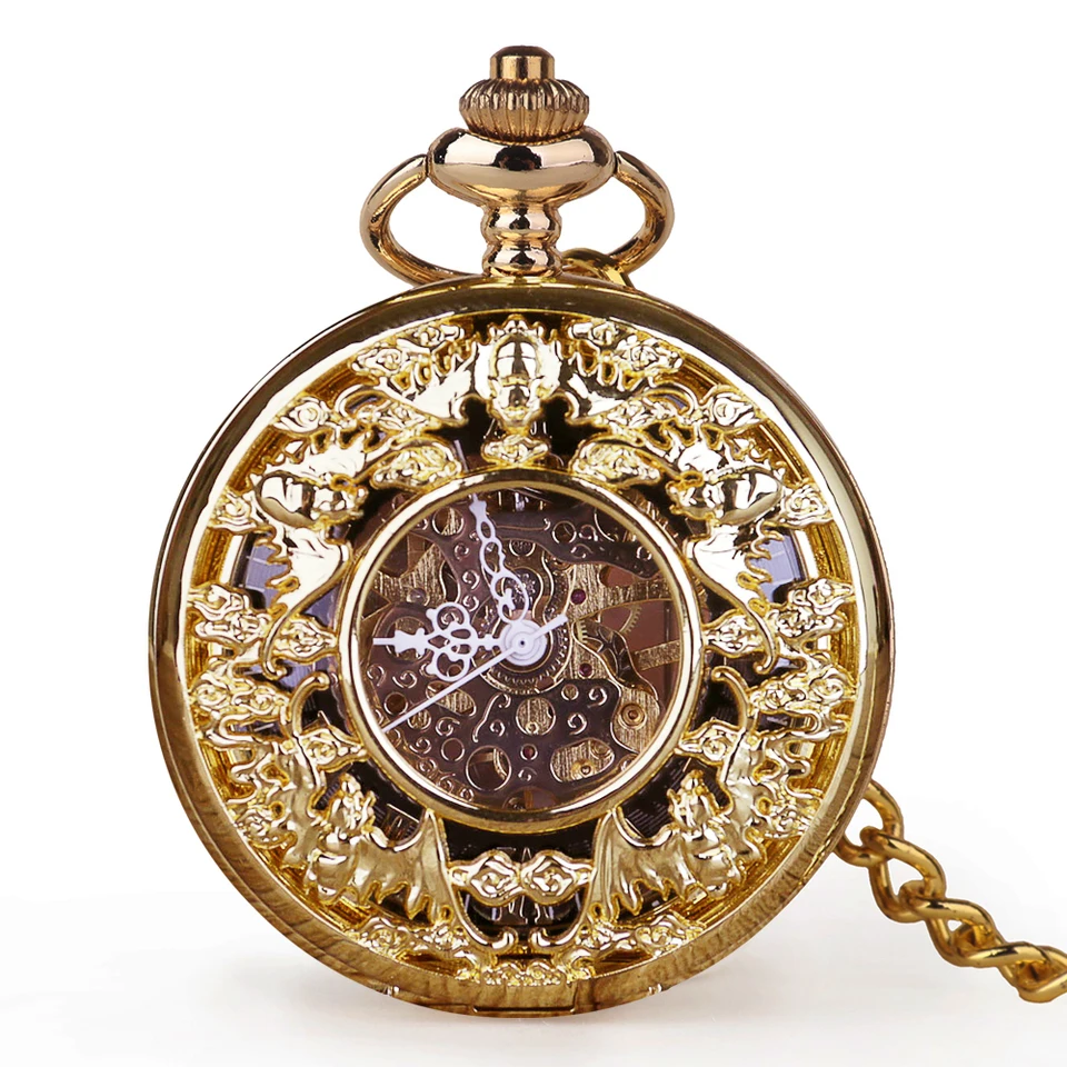 Gold Fashion Vintage Mechanical Pocket Watch Personalised Hollow Skeleton