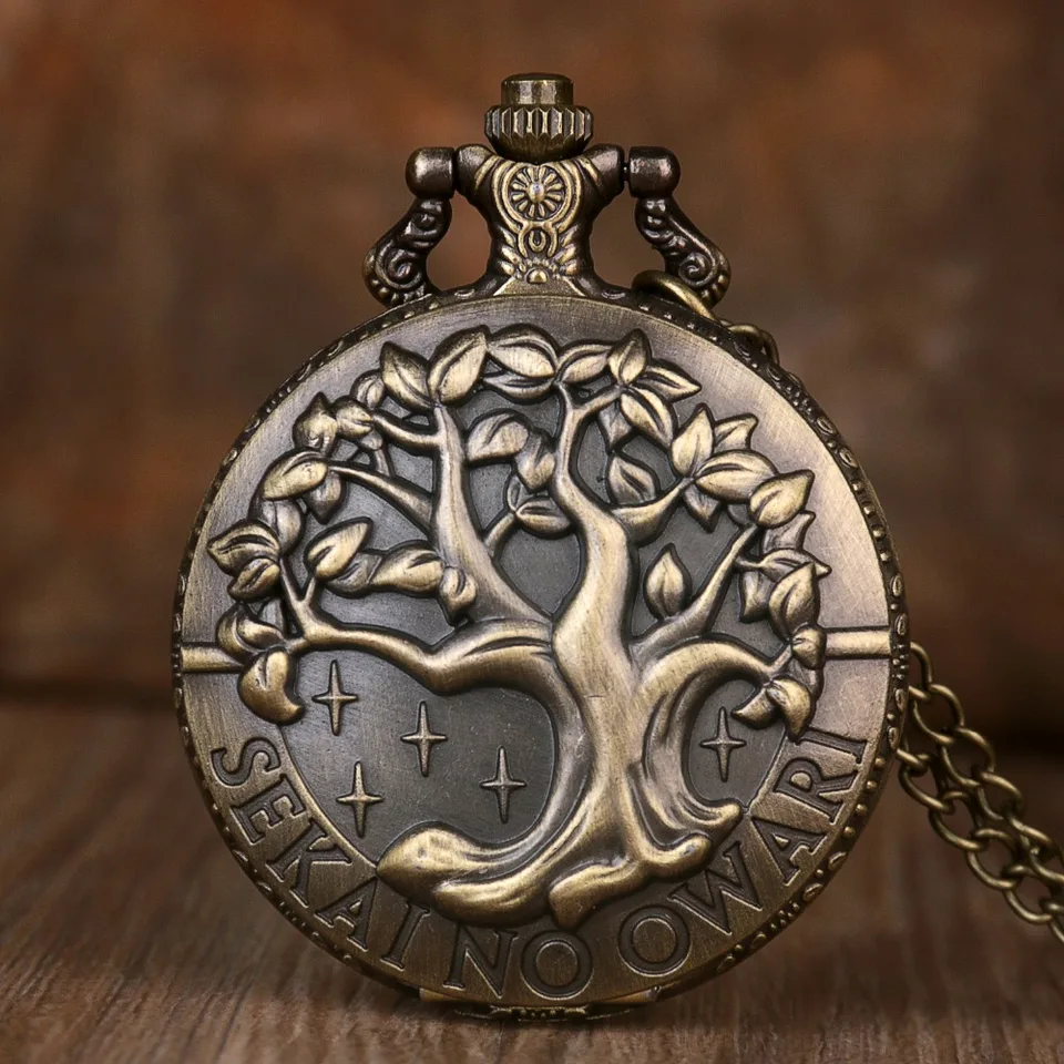 Embossed Pocket Watch Vintage Bronze Pendant Necklace Quartz Watches