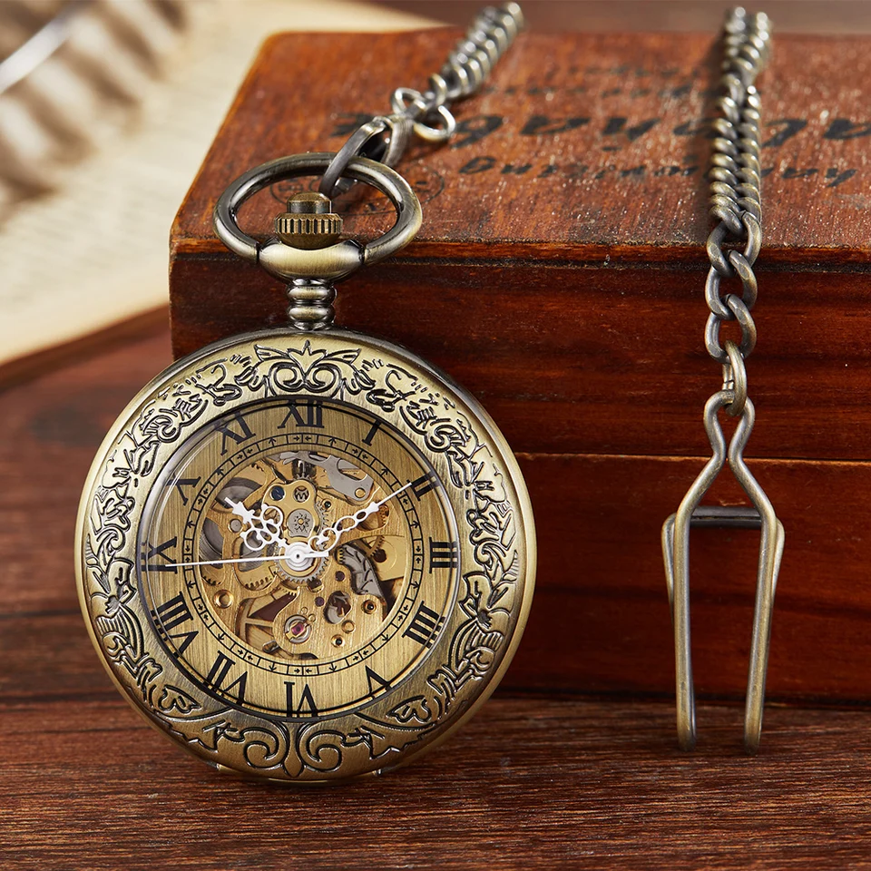 Vintage Bronze Roman Numerals Mechanical Pocket Watch Steampunk